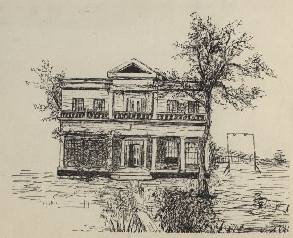 Reproduction of a pen drawing of the Grignon house. The Grignon house was built (at the later address of 1313 Augustine Street) in 1836 by Charles Grignon. Charles Grignon was the son of Augustin Grignon, one of Wisconsin's first permanent white settlers. Charles paid for the construction of the house in part with the money he recieved for negotiating a treaty with the Menominee Indians. Both workmen and materials for the house were brought in from Buffalo, N.Y., then up the Fox River by canoe to the location. The frame structure was built in the Greek Revival style, with fine wood interior, newell post and cherry stair rail, five fireplaces and originally eleven bedrooms. The house was originally called "The Mansion in the Woods" and is located in the setting of 100 year-old elms. It was occupied until 1933 and the house served variously as an inn, church, trading post and, later, a museum. The Grignon house was restored in 1940-1941. It then was represented on the Historic American Buildings Survey and the National Register of Historic Places.