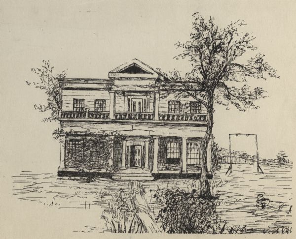 Reproduction of a pen drawing of the Grignon house. The Grignon house was built (at the later address of 1313 Augustine Street) in 1836 by Charles Grignon. Charles Grignon was the son of Augustin Grignon, one of Wisconsin's first permanent white settlers. Charles paid for the construction of the house in part with the money he recieved for negotiating a treaty with the Menominee Indians. 
Both workmen and materials for the house were brought in from Buffalo, N.Y., then up the Fox River by canoe to the location. The frame structure was built in the Greek Revival style, with fine wood interior, newell post and cherry stair rail, five fireplaces and originally eleven bedrooms. 
The house was originally called "The Mansion in the Woods" and is located in the setting of 100 year-old elms. It was occupied until 1933 and the house served variously as an inn, church, trading post and, later, a museum. The Grignon house was restored in 1940-1941. It then was represented on the Historic American Buildings Survey and the National  Register of Historic Places.