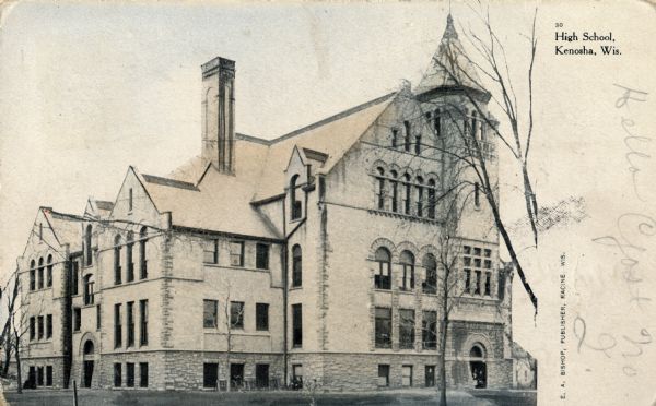 View toward the high school building. Caption reads: "High School, Kenosha, Wis."