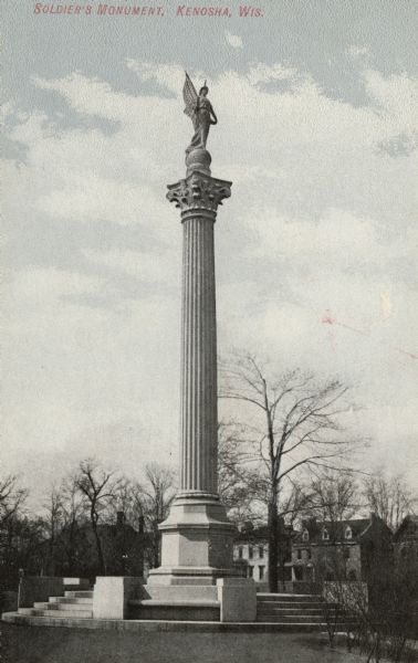 Soldiers' Monument in Library Park. Caption reads: "Soldiers' Monument, Kenosha, Wis."