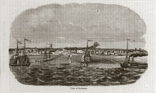 A variant of a wood engraving dated October, 1844. Incorporated as the villige of Southport in 1841 (so-named because it was the southern-most natural harbor in Wisconsin on Lake Michigan). The town was renamed Kenosha in 1850 when it became a city. The view is an illustration from the chapter "Description of the State of Wisconsin".
