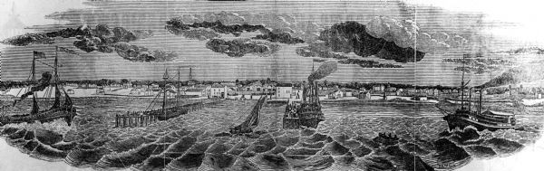 View from a pile-driver on the north pier of the community then known as Southport. The pier visible at left center, constructed between  1840-1842, was the first of its type on the Great Lakes.