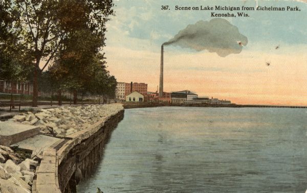 The Lake Michigan shoreline from Eichelman Park. In the distance is a smokestack and industrial buildings. Caption reads: "Scene on Lake Michigan from Eichelman Park, Kenosha, Wis."