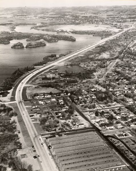 Aerial view of La Crosse, with Onalaska in the background. The highway is U.S. Highway 53 and the State Highway 35.