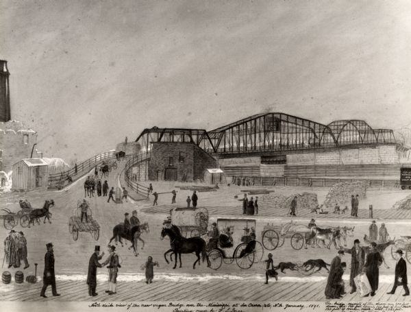 A painting of the new (as of 1891) bridge over the Mississippi River in La Crosse. The bridge was built by the Clinton Bridge Co. Captions read: "North side view of the new wagon Bridge over the Mississippi at La Crosse (Wis) N. A. January 1891." "The bridge consists of the draw[?] one 300 foot span, [?] 130 foot [?], 129 feet of iron trestle, 120 feet of wooden trestle, total, 1,255 feet. Erected by the Clinton Bridge Co." "Painting made by F. L. Iner".