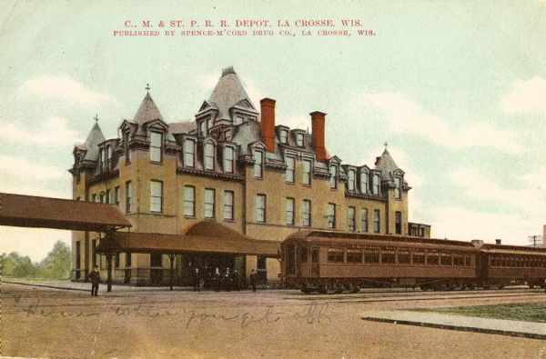 The Chicago, Milwaukee and St. Paul railroad depot. Caption reads: "C., M. & St. P. R. R. Depot, La Crosse, Wis."