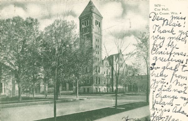View across intersection toward the City Hall building. Caption reads: "City Hall, La Crosse, Wis."