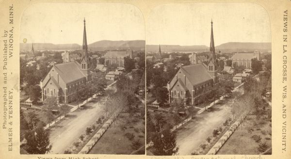 Stereograph of an elevated view of the Congregational Church. View is from the high school looking down Main Street.