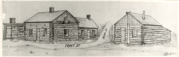 Drawing of Front and State Streets, showing the first houses in La Crosse.