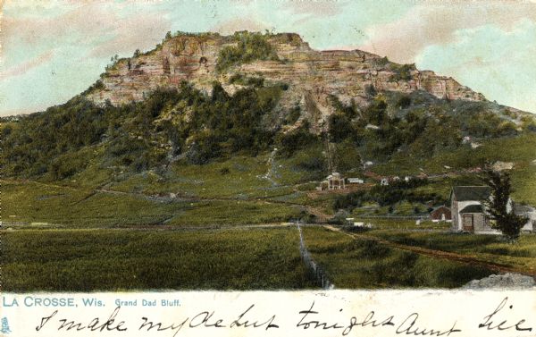 Grand Dad Bluff in La Crosse with the Crusher building which was built in 1901 and burned in 1902. Caption reads: "Grand Dad Bluff, La Crosse, Wis."