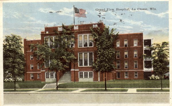 View across street toward the hospital. Caption reads: "Grand View Hospital, La Crosse, Wis."