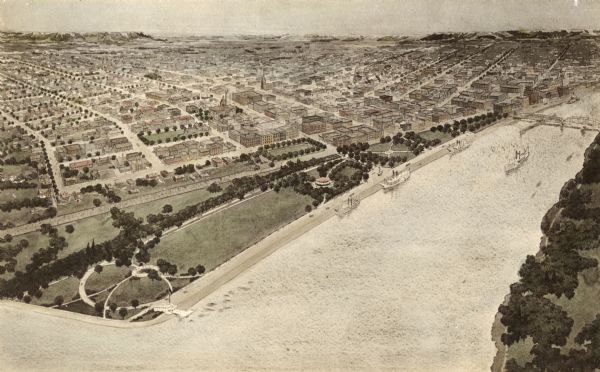 A drawing of Levee Park in La Crosse, with the Mississippi River in the foreground, and La Crosse in the background.