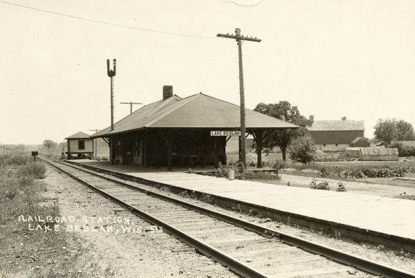 The Wisconsin Central Railroad Station in Lake Beulah. Caption reads: "Railroad Station, Lake Beulah, Wis."