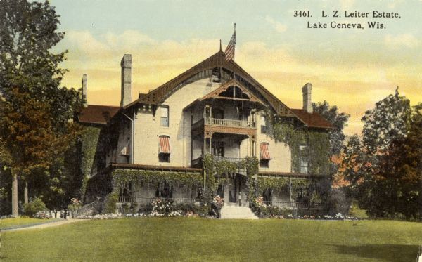 VIew across lawn towards the estate of L.Z. Leiter. Caption reads: "L. Z. Leiter Estate, Lake Genva, Wis."