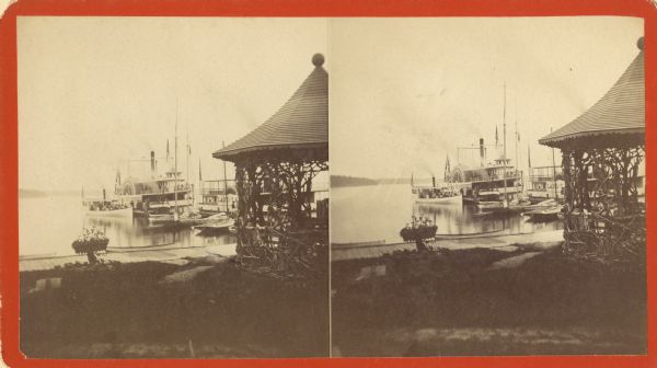 Stereograph view of a steamboat landing at Whiting House.