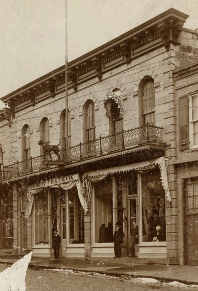 The Gundry, Gray and Company store. The building was erected in 1841 and the dog on the sign was added in 1871.