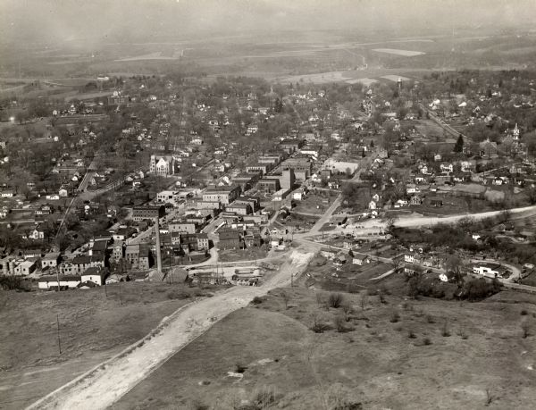 An aerial view of Mineral Point showing the construction of State Highway 23-39.