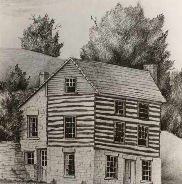 A drawing of the restored Cornish miner's house, called Polperro, on Shake Rag Street. The house was temporarily covered with siding, but after restoration the siding was removed to reveal the original log construction. The home is now owned by Robert M. Neal.