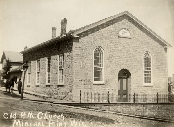 A primitive Methodist Church building. Caption reads: "Old P.M. Church Mineral Point, Wis."