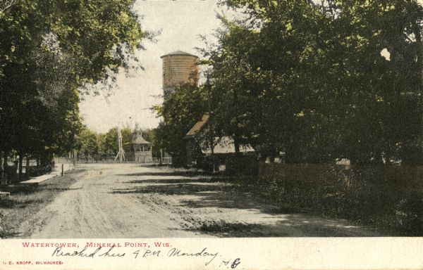 A watertower in Mineral Point. Caption reads: "Watertower, Mineral Point, Wis."