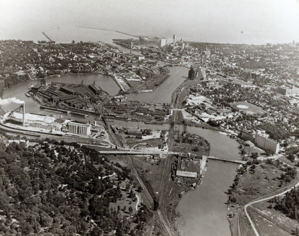 An aerial view of town, showing a major industrial area.