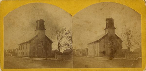 Stereograph of the Congregational Church on the corner of Broad and Milwaukee Streets.