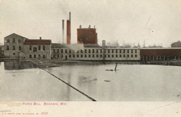 The Island Paper Mill and dam in Menasha. Caption reads: "Paper Mill, Menasha, Wis."