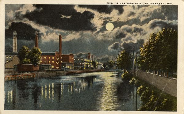 View down the river at night. Caption reads: "River View at Night, Menasha, Wis."