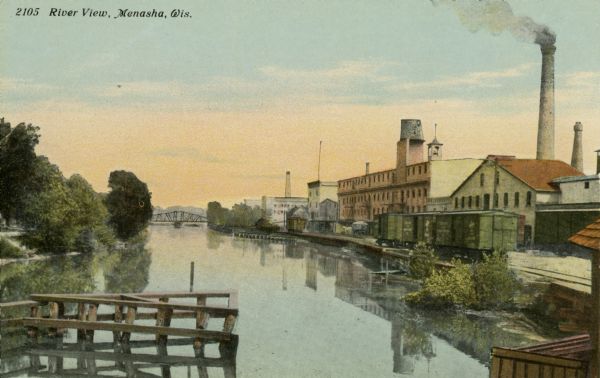 The Fox River in Menasha showing the mill area. Caption reads: "River View, Menasha, Wis."