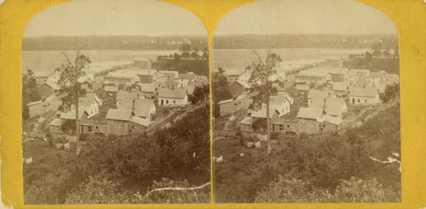Stereograph elevated view of a residential neighborhood in Menomonie.
