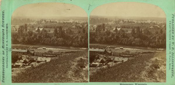 Stereograph elevated view of a river and homes of Menomonie.