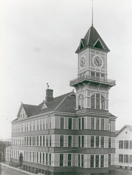 The Industrial Building at Stout State College. The building was built in 1893 and was destroyed by fire in 1897.