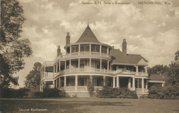 View across lawn towards the mansion. Caption reads: "Senator J.H. Stout's Residence. Menomonie, Wis."