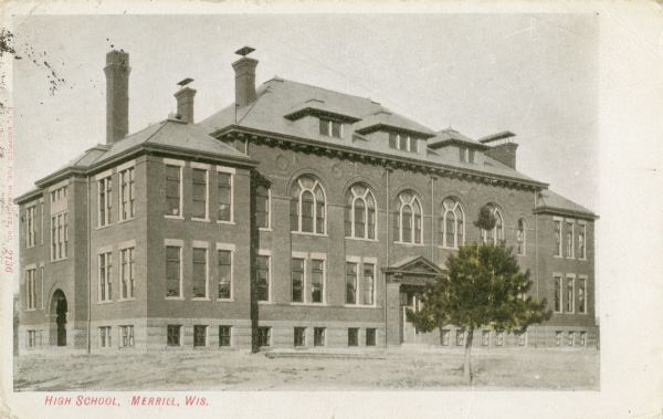 View toward the high school. Caption reads: "High School, Merrill, Wis."