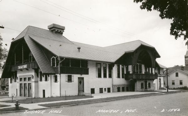 Turner Hall, a Swiss social center in Monroe. Caption reads: "Turner Hall, Monroe, Wis."