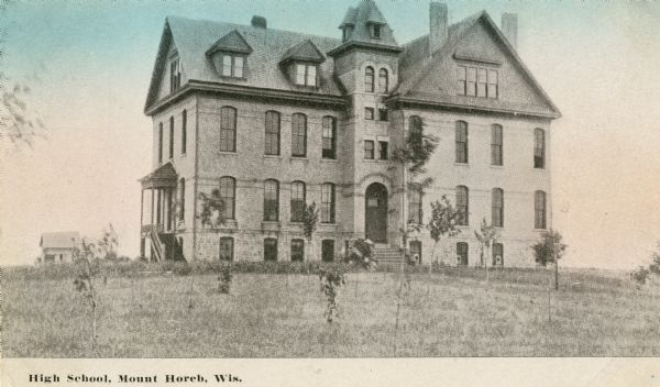 Exterior of the High School. Caption reads: "High School, Mount Horeb, Wis."