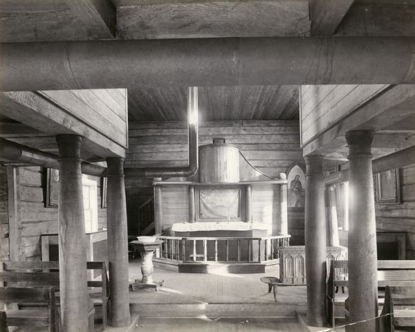 Norwegian church. Interior view of old log church, the first church built by Norwegians in America in 1843.