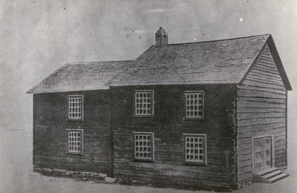 Norwegian Lutheran Church, first church built by Norwegian settlers in America, in 1843. The first pastor was Rev. C.L. Clausen. The original log building is now preserved on the campus of the Norwegian Lutheran Seminary, St. Paul, Minn,