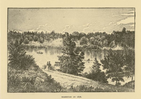 Distant view of Neshotah Mission. River with boaters, two people standing on riverbank, mission on hill in background.