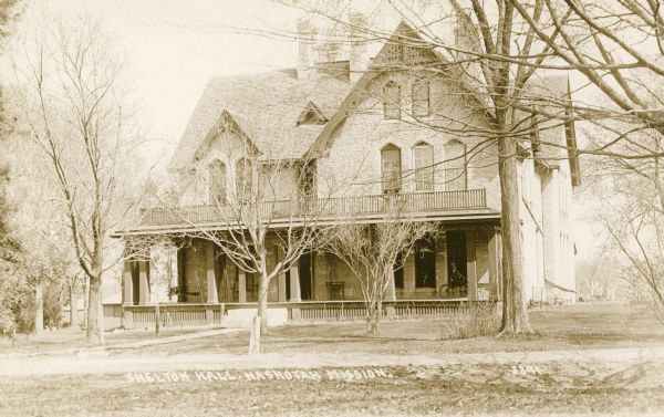Front view of Nashotah Mission, Shelton Hall. Caption reads: "Shelton Hall, Nashotah Mission."