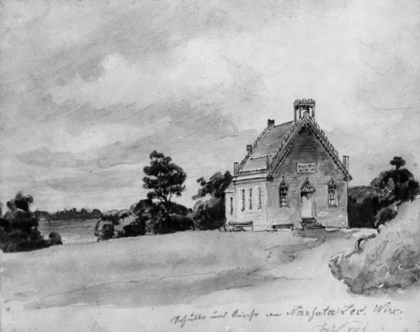 School and church, from a drawing by Johann B. Wengler, an Austrian traveller in this country.