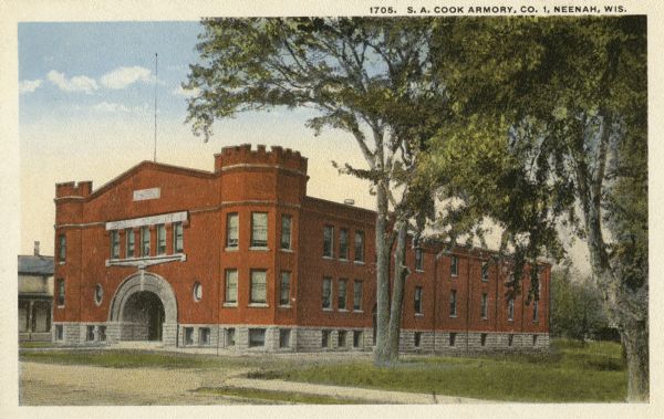 Exterior of the S.A. Cook Armory Company, no. 1. Caption reads: "S.A. Cook Armory, Co. 1, Neenah, Wis."