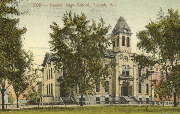 Exterior of Neenah High School. Caption reads: "Neenah High School, Neenah, Wis."