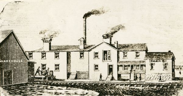 Line drawing of the first paper mill in Neenah, Wisconsin, built in 1865-66 and called the Neenah Paper Mill; it was run by a stock company composed of Nathan Cobb, president; Hiram Smith, secretary and treasurer; Dr. Nathaniel S. Robinson, manager; Edward Smith; John Jamison and Moses Hooper. After the third year of operation, D.C. Van Ostrand purchased interest in it, and he and Hiram Smith rented the mill, calling it Smith & VanOstrand. Eventually they were able to purchase the rest of the stock and became sole owners. In 1874 Kimberly, Clark & Company bought the mill and incorporated it into their enterprise.