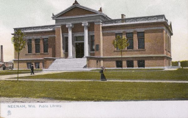 Public Library, established in 1882, was erected at a cost of $30,000, of which Andrew Carnegie contributed $12,500. The balance was raised by public subscription. Caption reads: "Neenah, Wis. Public Library."