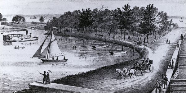 Lithograph of Riverside Park depicting people, boats, horses and buggies, steamboats in and around body of water.
