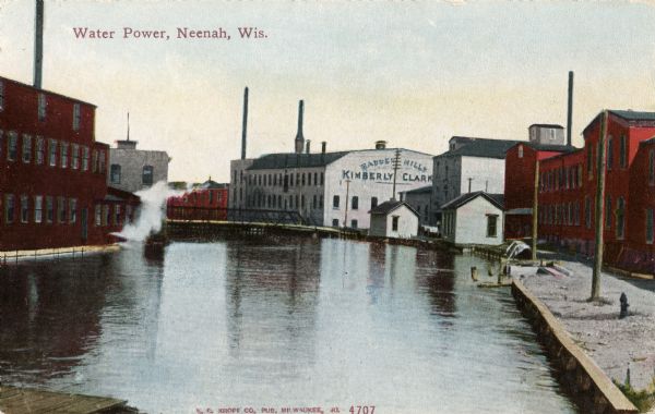 Industrial area with view of Kimberly Clark Mill, and other unidentified mills. Caption reads: "Water Power, Neenah, Wis."
