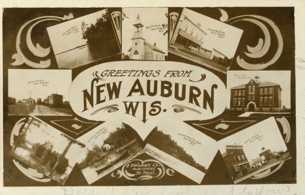 Clockwise from upper left images include: Cutters Point, Long Lake, Wis.; M.E. Church, New Auburn, Wis.; Farmers Store, New Auburn, Wis.; Public School, New Auburn, Wis.; Depot Street, New Auburn, Wis.; Hickory Park Cub House, New Auburn, Wis.; Plummer the Guide, New Auburn, Wis.; Pine Lake, Wis.; and Depot Scene, New Auburn, Wis. Caption reads: "Greetings from New Auburn, Wis."