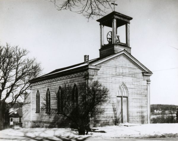 Exterior view of St. Augustine Church in winter.