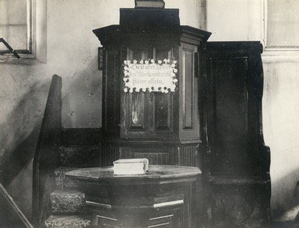 Interior view of Zwingli Reformed Church with pulpit.